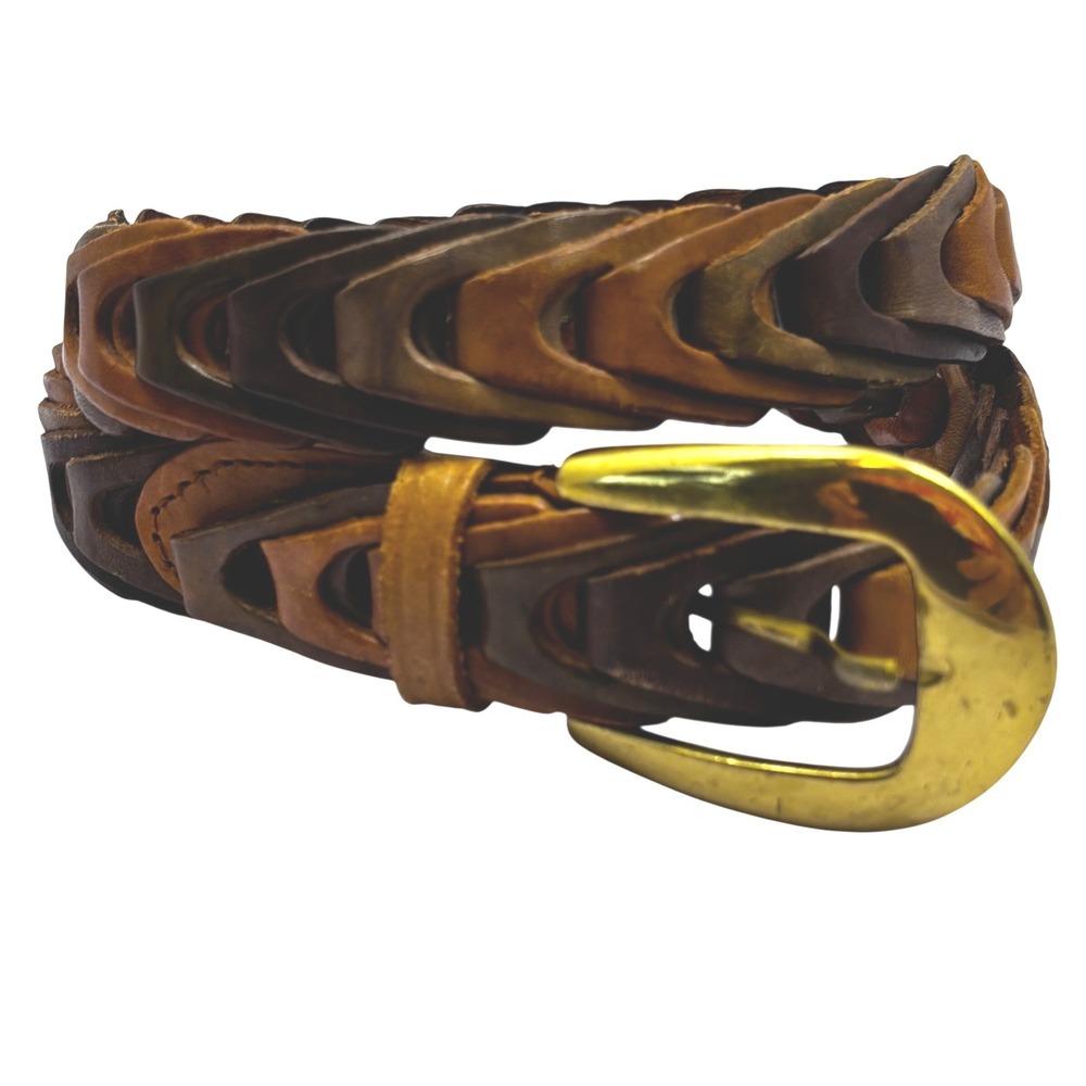 Vintage Genuine Leather Woven Link Belt Brown Multi Tonal Gold Buckle ML 15160